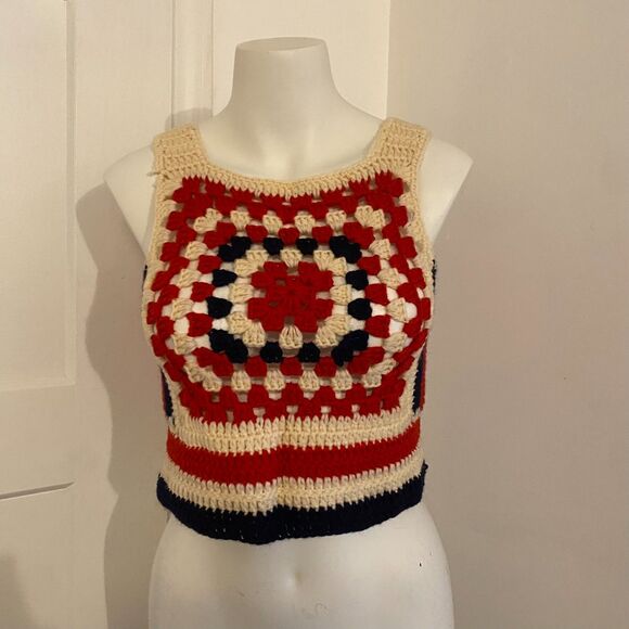 Homemade size Small Red White and Blue Americana Crochet Knit Cropped Tank Top - Picture 2 of 6